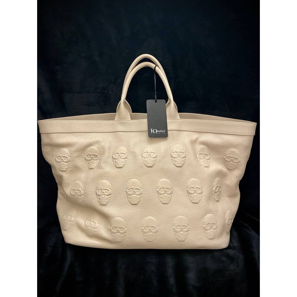 IOPELLE Embossed LG East West Skull Pattern Genuine Italian Leather TOTE Latte